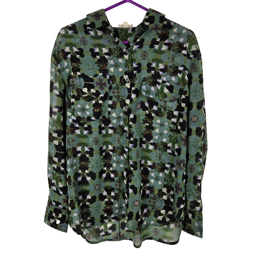 Elan Women's Size Small Green Floral Sheer‎ Button Up Long Sleeve Top